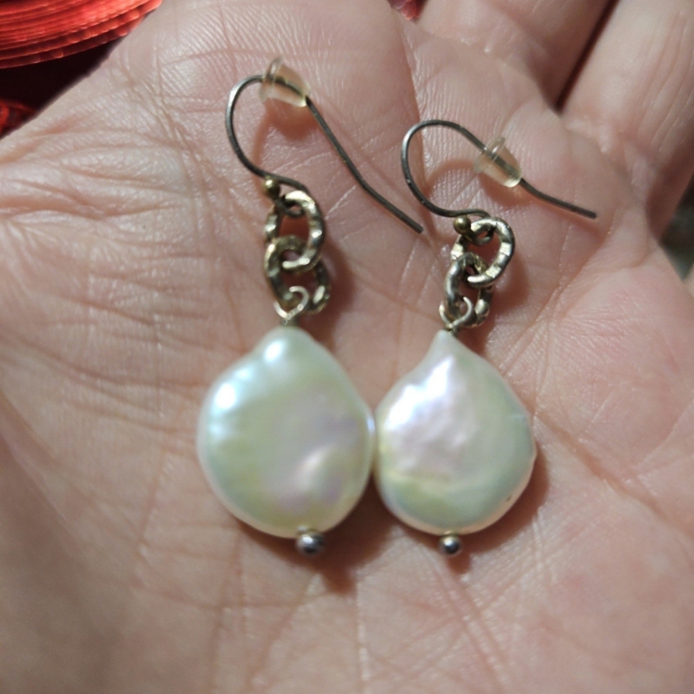14kt pearl french ear wire hanging unmarked handmade Authentic Coin Pearl